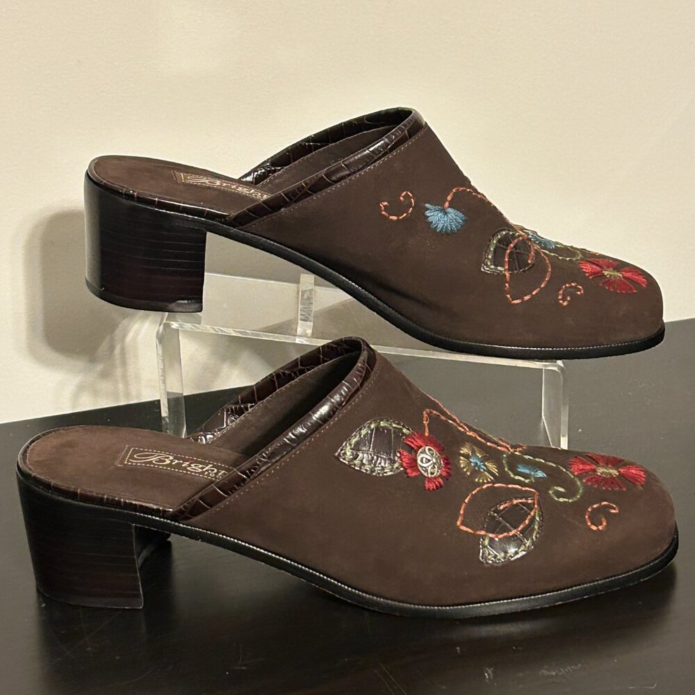 BRIGHTON Fiona Sz 9 Brown Floral Embroidered Suede Leather Heels Mules - Picture 2 of 6